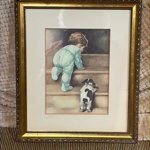 Framed Bessie Pease Gutmann Print, Little Boy & Puppy Climbing Stairs